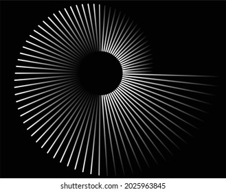  abstrakte schwarze Halftondots.weiße Halftonpunkte in Wirbelform. Geometrische Kunst. Trendy design element.Circular and radial lines volute, helix.Segmentierte kreis mit Rotation