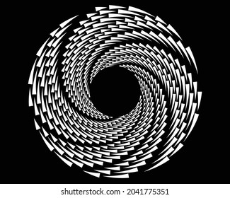 puntos de media tonalidad negros abstractos.puntos de semitono blancos en forma vórtice. Arte geométrico. Elemento de diseño de moda.Líneas circulares y radiales volute, helix.Círculo segmentado con rotación