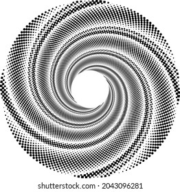  puntos de media tonalidad negros abstractos.puntos de semitono blancos en forma vórtice. Arte geométrico. Elemento de diseño de moda.Líneas circulares y radiales volute, helix.Círculo segmentado con rotación