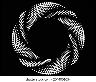  abstract black halftone dots.white halftone dots in vortex form. Geometric art. Trendy design element.Circular and radial lines volute, helix.Segmented circle with rotation