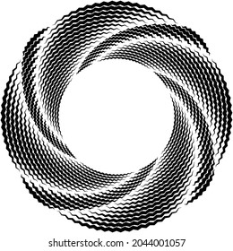  abstrakte schwarze Halftondots.weiße Halftonpunkte in Wirbelform. Geometrische Kunst. Trendy design element.Circular and radial lines volute, helix.Segmentierte kreis mit Rotation