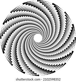 puntos de media tonalidad negros abstractos.puntos de semitono blancos en forma vórtice. Arte geométrico. Elemento de diseño de moda.Líneas circulares y radiales volute, helix.Círculo segmentado con rotación