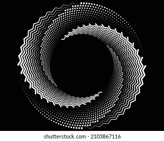  abstract black halftone dots.white halftone dots in vortex form. Geometric art. Trendy design element.Circular and radial lines volute, helix.Segmented circle with rotation svg
