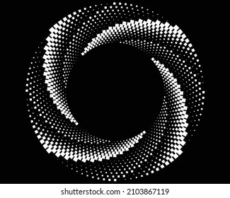  puntos de media tonalidad negros abstractos.puntos de semitono blancos en forma vórtice. Arte geométrico. Elemento de diseño de moda.Líneas circulares y radiales volute, helix.Círculo segmentado con rotación