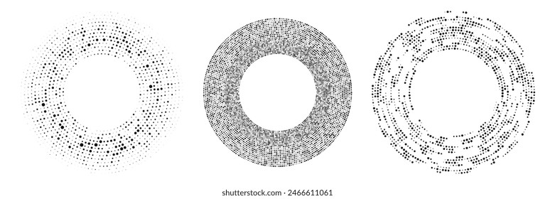 Abstract black halftone dotted background. Set of three patterns in circle form. Circle halftone dots. Vector illustration