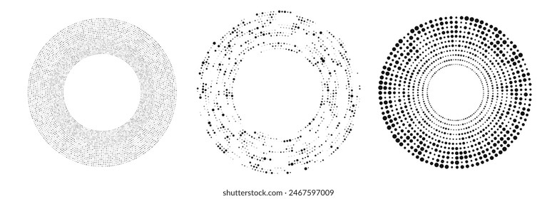 Abstract black halftone dotted background. Set of three patterns in circle form. Circle halftone dots. Vector illustration