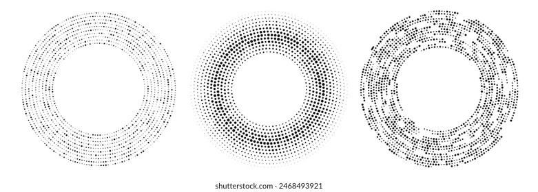 Abstract black halftone dotted background. Set of three patterns in circle form. Circle halftone dots. Vector illustration