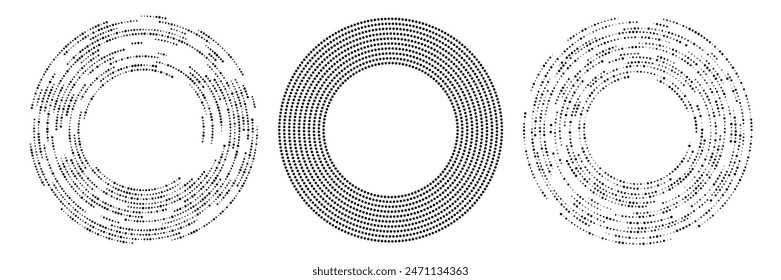 Abstract black halftone dotted background. Set of three patterns in circle form. Circle halftone dots. Vector illustration