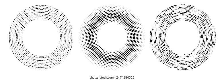 Abstract black halftone dotted background. Set of three patterns in circle form. Circle halftone dots. Vector illustration