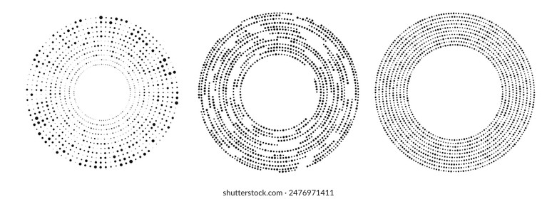 Abstract black halftone dotted background. Set of three patterns in circle form. Circle halftone dots. Vector illustration