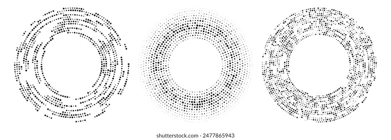 Abstractas fondo negro punteado de semitono. Conjunto de tres patrones en forma de círculo. Puntos de semitonos en círculo. Ilustración vectorial