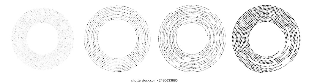 Abstract black halftone dotted background. Set of four patterns in circle form. Circle halftone dots. Vector illustration