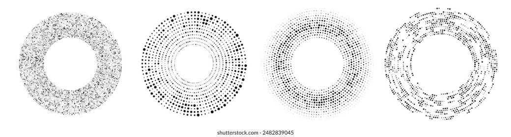 Abstrakter schwarzer Halbton gepunkteter Hintergrund. Satz von vier Mustern in Kreisform. Halbtonpunkte kreisen. Vektorillustration