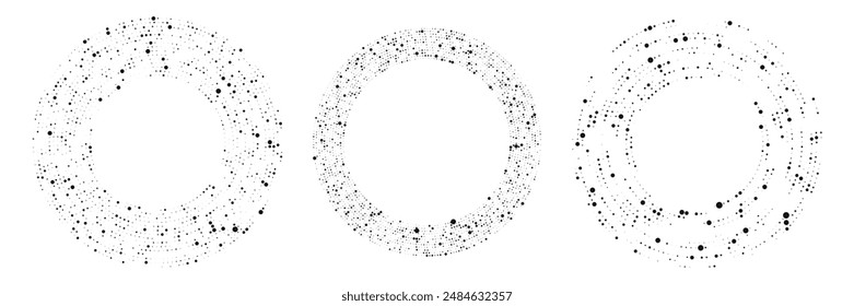 Abstract black halftone dotted background. Set of three patterns in circle form. Circle halftone dots. Vector illustration