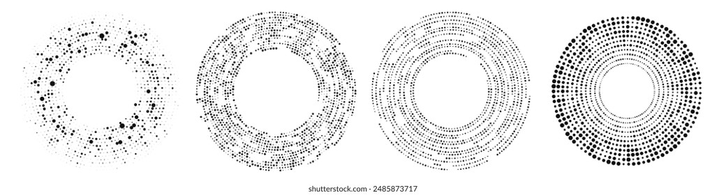 Abstractas fondo negro punteado de semitono. Conjunto de cuatro patrones en forma de círculo. Puntos de semitonos en círculo. Ilustración vectorial