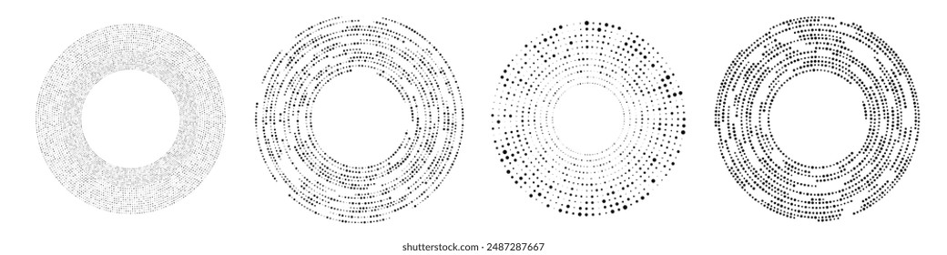 Abstract black halftone dotted background. Set of four patterns in circle form. Circle halftone dots. Vector illustration