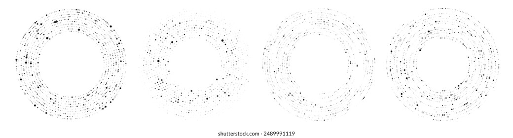 Abstract black halftone dotted background. Set of four patterns in circle form. Circle halftone dots. Vector illustration