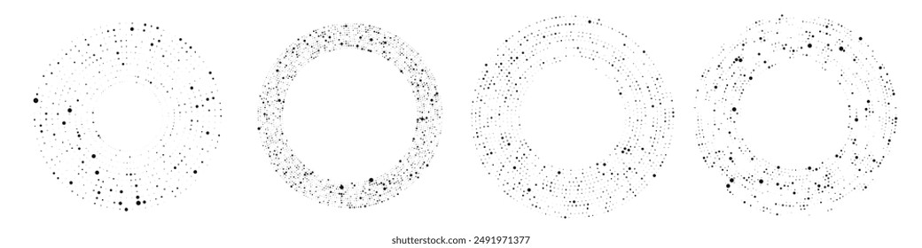 Abstract black halftone dotted background. Set of four patterns in circle form. Circle halftone dots. Vector illustration