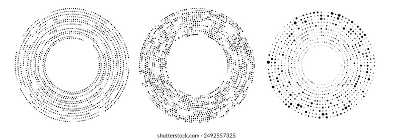 Abstrakter schwarzer Halbton gepunkteter Hintergrund. Satz von drei Mustern in Kreisform. Halbtonpunkte kreisen. Vektorillustration