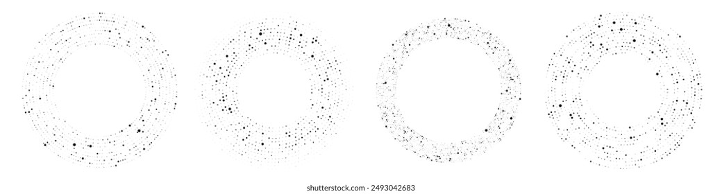 Abstract black halftone dotted background. Set of four patterns in circle form. Circle halftone dots. Vector illustration