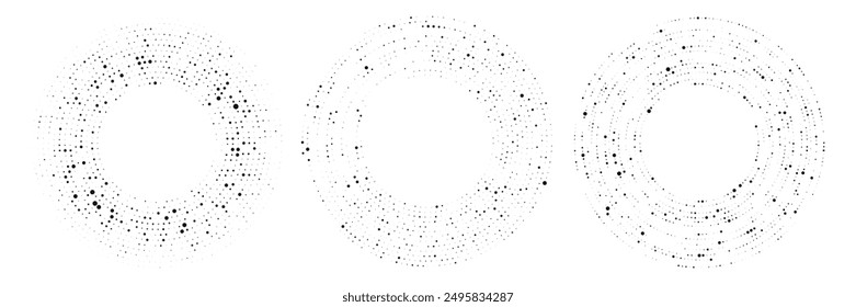 Abstract black halftone dotted background. Set of three patterns in circle form. Circle halftone dots. Vector illustration