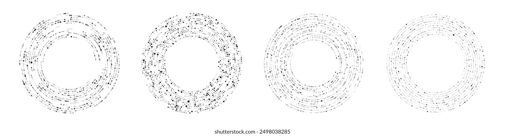 Abstract black halftone dotted background. Set of four patterns in circle form. Circle halftone dots. Vector illustration