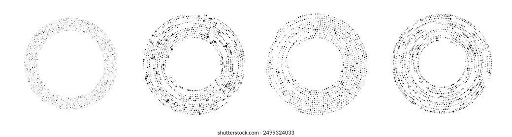 Abstract black halftone dotted background. Set of four patterns in circle form. Circle halftone dots. Vector illustration