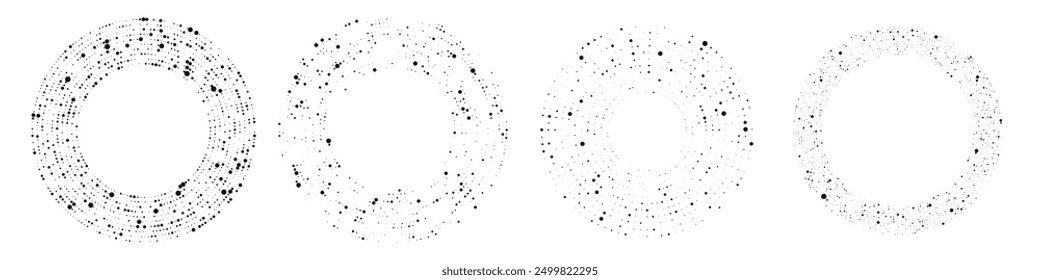 Abstract black halftone dotted background. Set of four patterns in circle form. Circle halftone dots. Vector illustration
