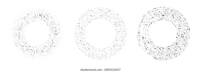 Abstract black halftone dotted background. Set of three patterns in circle form. Circle halftone dots. Vector illustration