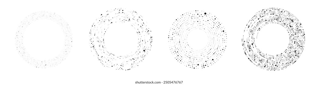 Abstract black halftone dotted background. Set of four patterns in circle form. Circle halftone dots. Vector illustration