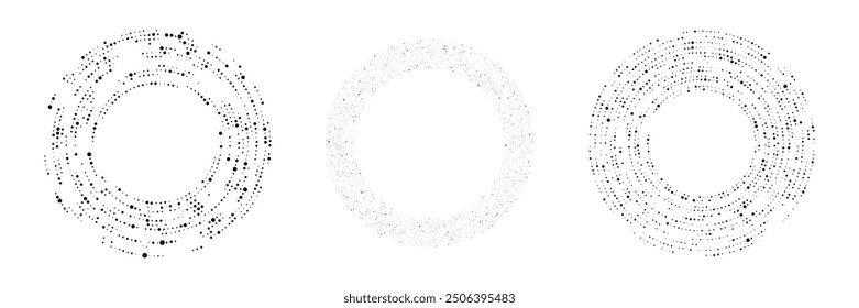 Abstractas fondo de puntos de semitono negro. Conjunto de tres patrones en forma de círculo. Círculo de puntos de semitono. Ilustración vectorial
