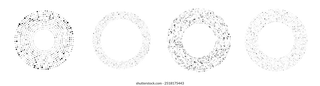 Abstractas fondo de puntos de semitono negro. Conjunto de cuatro patrones en forma de círculo. Círculo de puntos de semitono. Ilustración vectorial