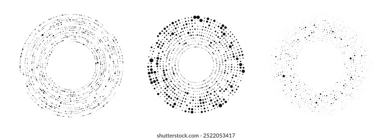 Abstract black halftone dotted background. Set of three patterns in circle form. Circle halftone dots. Vector illustration
