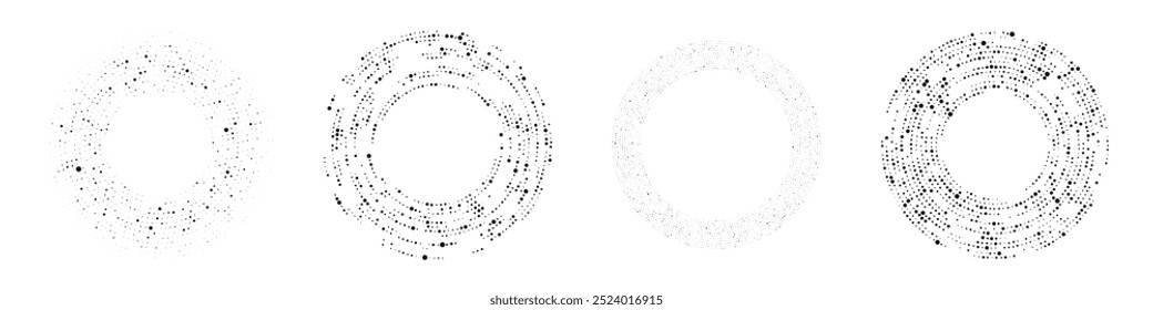 Abstract black halftone dotted background. Set of four patterns in circle form. Circle halftone dots. Vector illustration
