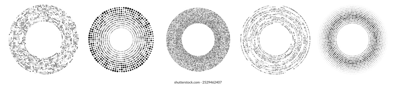 Abstract black halftone dotted background. Set of five patterns in circle form. Circle halftone dots. Vector illustration