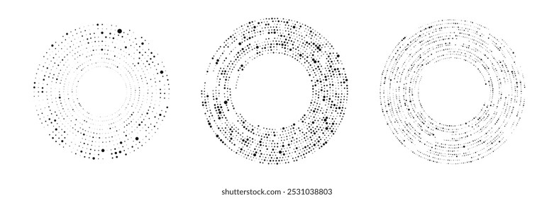 Abstract black halftone dotted background. Set of three patterns in circle form. Circle halftone dots. Vector illustration