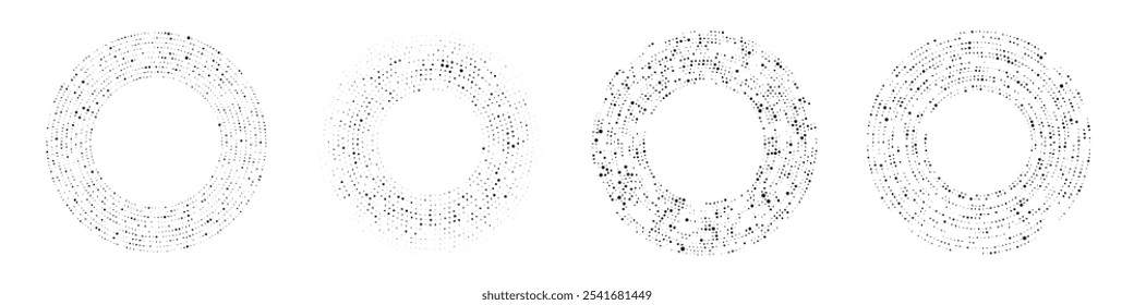 Abstract black halftone dotted background. Set of four patterns in circle form. Circle halftone dots. Vector illustration