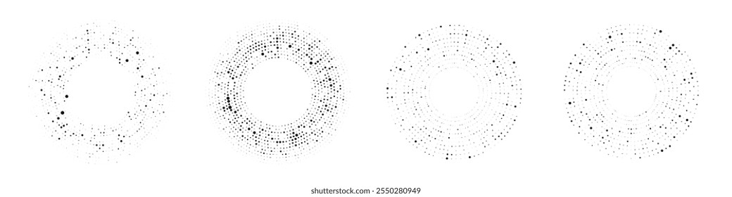 Plano de fundo preto abstrato com meio-tom pontilhado. Conjunto de quatro padrões em forma de círculo. Pontos de meio-tom do círculo. Ilustração vetorial