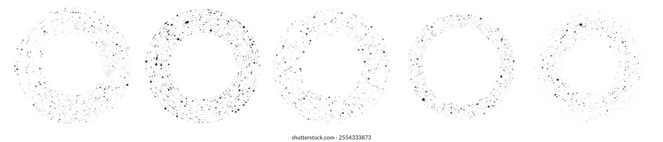 Abstract black halftone dotted background. Set of five patterns in circle form. Circle halftone dots. Vector illustration
