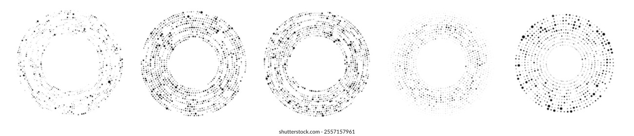 Abstract black halftone dotted background. Set of five patterns in circle form. Circle halftone dots. Vector illustration