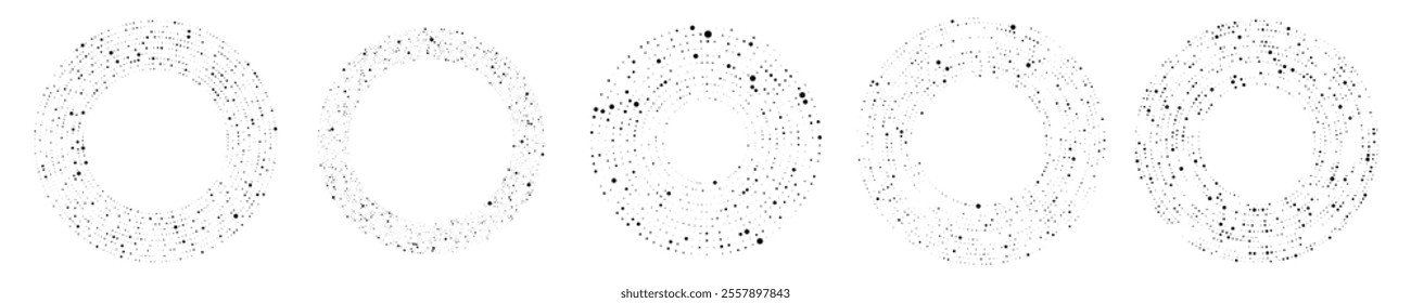 Abstract black halftone dotted background. Set of five patterns in circle form. Circle halftone dots. Vector illustration