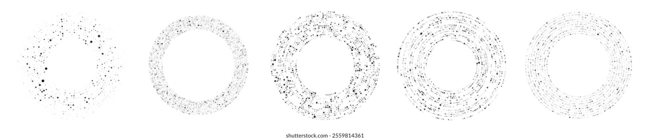 Abstract black halftone dotted background. Set of five patterns in circle form. Circle halftone dots. Vector illustration