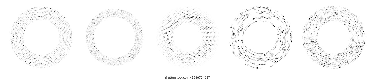 Abstract black halftone dotted background. Set of five patterns in circle form. Circle halftone dots. Vector illustration