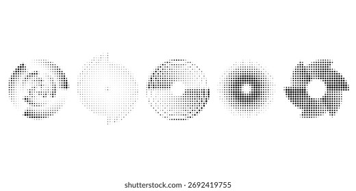 Abstract black halftone dotted background. Set of four patterns in circle form. Circle halftone dots. Vector illustration