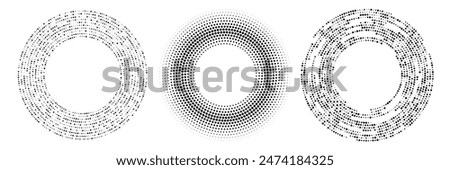 Abstract black halftone dotted background. Set of three patterns in circle form. Circle halftone dots. Vector illustration