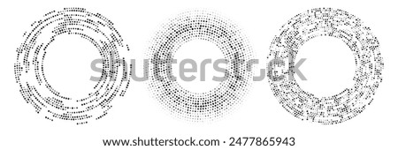 Abstract black halftone dotted background. Set of three patterns in circle form. Circle halftone dots. Vector illustration