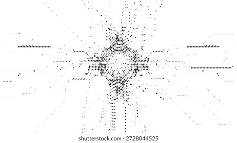 Blanco Abstractas de semitono negro con circuitos radiales y partículas digitales simétricas para la Ilustración vectorial del concepto de seguridad de datos moderna y análisis tecnológico