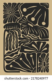 Resumen afiche estético de ilustración floral dibujado a mano negra aislado en fondo beige. Plantilla de concepto retro botánico perfecta para postales, arte mural, banner, fondo, etc.