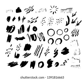 Abstract black hand drawn shapes, stroke, line, circle set in a calligraphic style for infographics, packaging design, brand design, poster