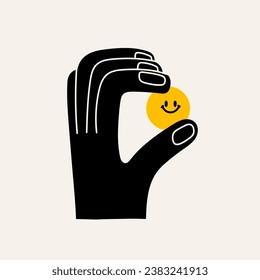 Abstract black Hand holding tiny yellow circle with smile. Happy emotion. Hand drawn trendy Vector illustration. Cartoon style. Isolated design element. Poster, icon, print, logo template